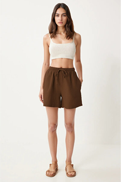 Bled Müslin Cepli Kadın Şort Acı Kahve (%100 Pamuk)