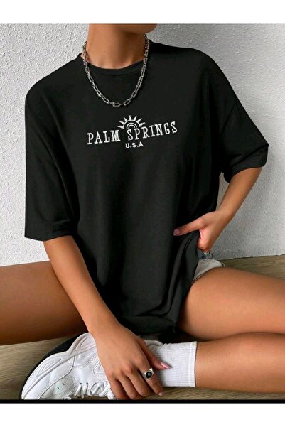 PERISENSE تي شيرت نسائي/بناتي Palm Springs USA مطبوع كبير الحجم فضفاض للصديق