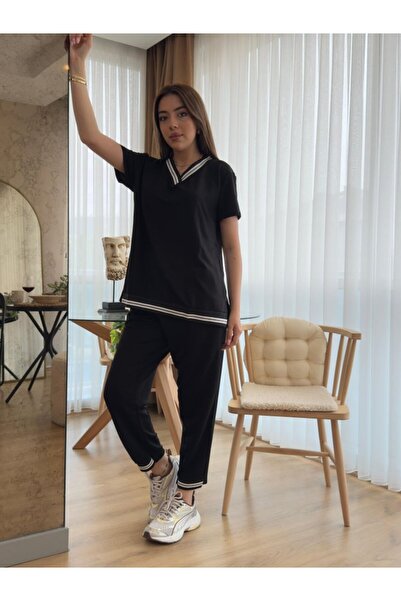 Meleners Women's Short Sleeve V-Neck Two Thread Blouse and Pants Double Set