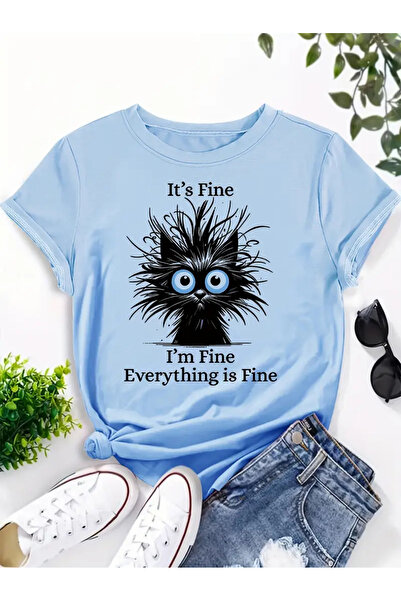 PERISENSE Everything is Fine Γυναικείο Baby Blue βαμβακερό μπλουζάκι με στάμπα