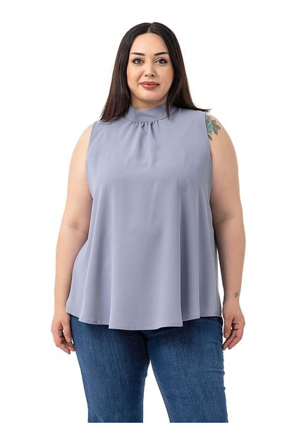 DISENTIS MODEST Plus Size Collar Back Button Stand Collar Flowy Sleeveless Gray Blouse