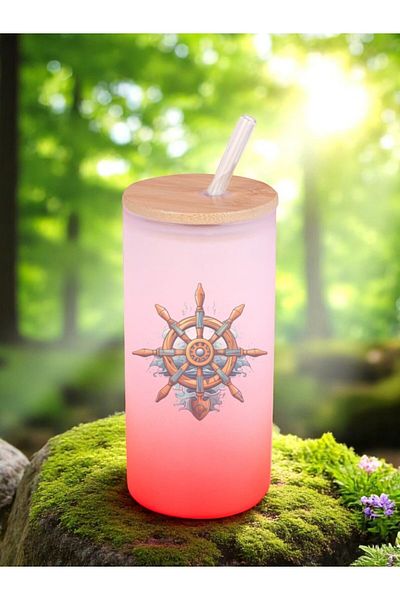 lili hediyelik Ship Rudder Printed Glass Water Bottle with Straw 600 ml