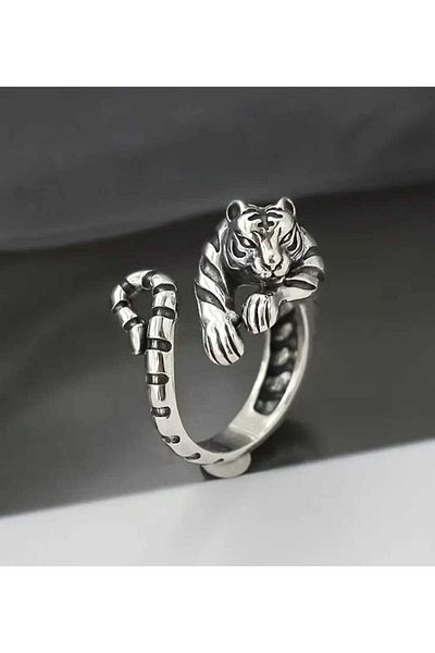 sarıyer silver Leopard Figure Model Adjustable Open Size Stylish Style Steel Leopard Tiger Ring