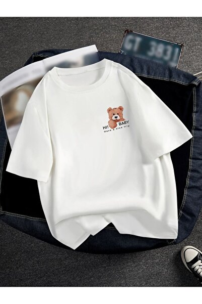 YRN COLLECTION Λευκό μπλουζάκι Teddy Bear - Κοντό μανίκι με στάμπα Oversize C...