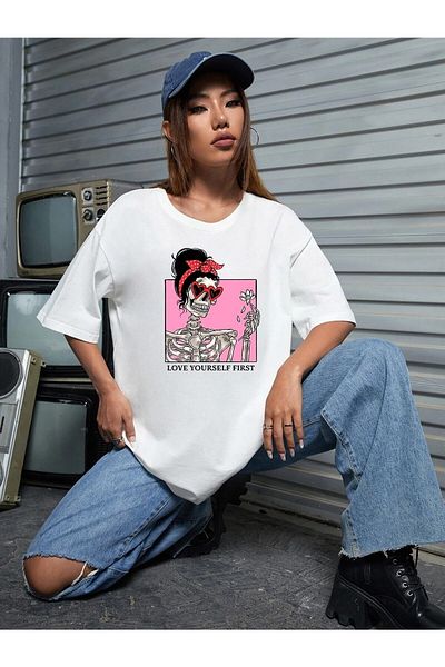 Boi Tricou oversize imprimat pentru femei/fete Love Yourself First Salas Boyfriend
