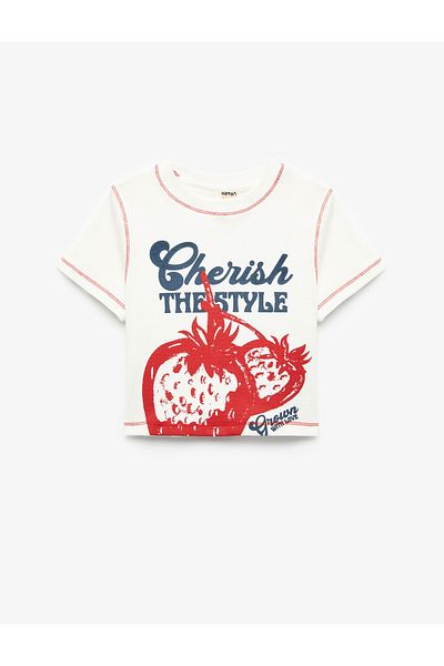 Koton Crew Neck Short Sleeve Strawberry Printed Crop T-Shirt