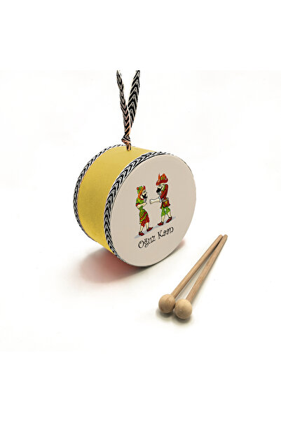 Souvenest Kişiye Özel_Karagöz Hacivat Baskılı, Gerçek Deri Oyuncak Çocuk Davulu, Sarı