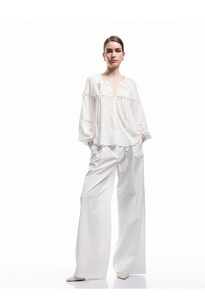 Koton X Melis Ağazat - Cotton Wide Leg Palazzo Trousers with Stripe Detail on the Sides and Pockets