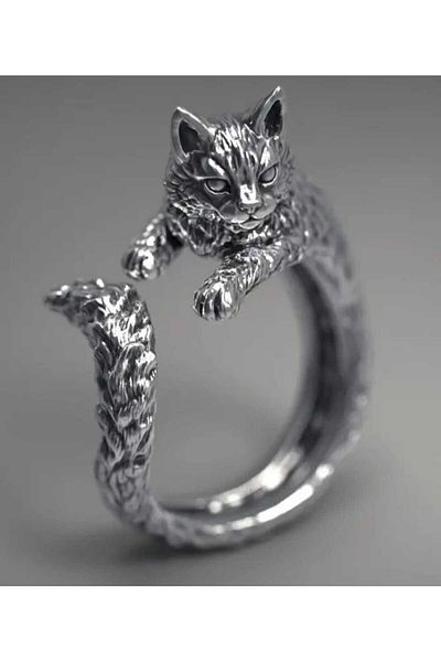 sarıyer silver Pet Themed Adjustable Open Size Steel Ring with Cat Figure Cat Ring