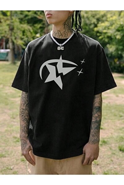 PERISENSE تي شيرت رجالي كبير الحجم مطبوع عليه نجمة كاجوال Boyfirend