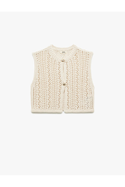 Koton Sleeveless Crew Neck Button Openwork Crochet Vest