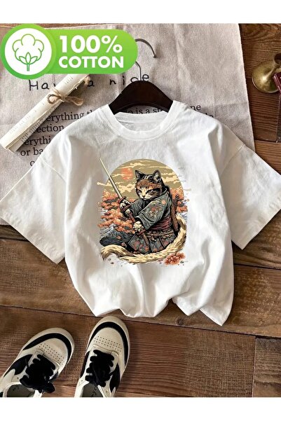 PERISENSE Дамска памучна тениска с щампа на котка Катана