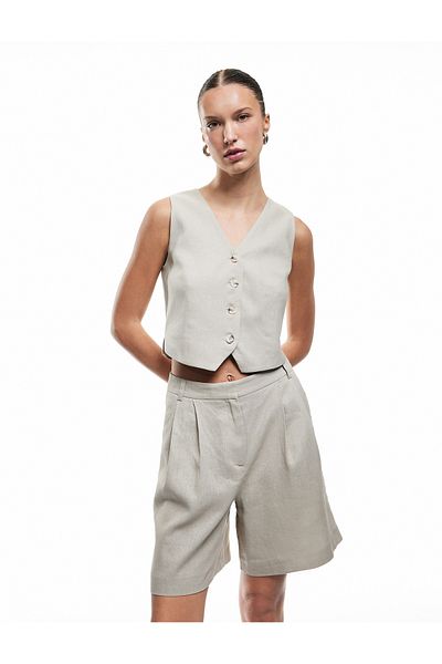 Koton Sleeveless V-Neck Buttoned Lined Linen Vest