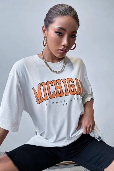 PERISENSE تيشيرت أبيض كبير الحجم مطبوع عليه ميشيغان للجنسين