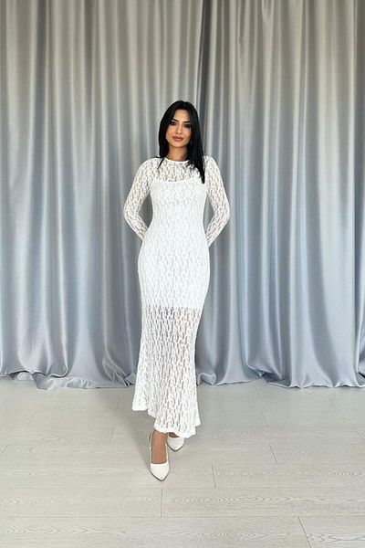 modaserdem White Lace Long Sleeve Dress