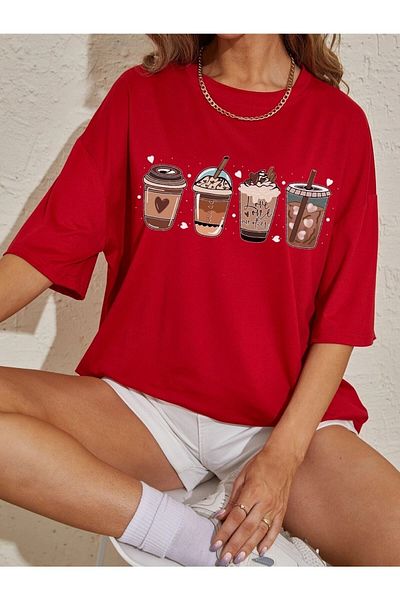Boi Coffes Printed Γυναικείο Oversize Red Salas T-shirt Boyfriend