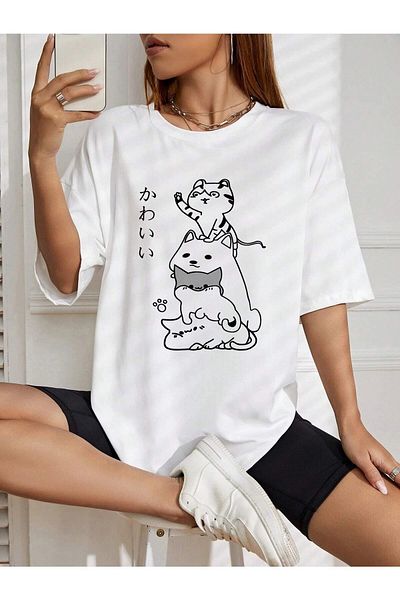 Hunors Sportswear & Company Women / Girls Cute Cats Printed Oversize T-Shirt Casual Boyfirend