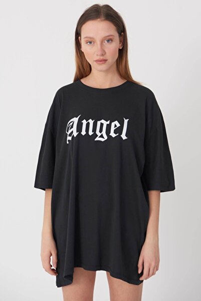 YRN COLLECTION تيشيرت نسائي أسود كبير الحجم Angel