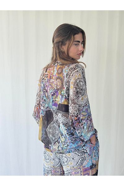 Retrobird Cămașă kimono din șifon cu decolteu în V de design pentru femei Albastru deschis