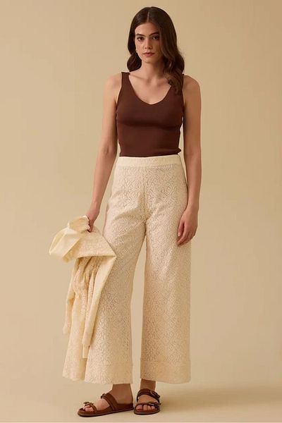 SEÇİL Women's Lace Textured Wide Leg Trousers - Cream
