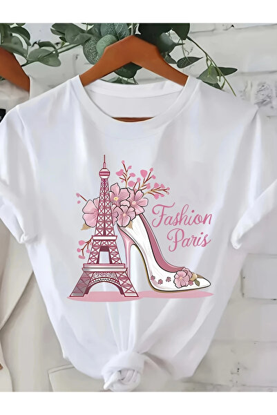PERISENSE أزياء باريس مطبوعة تي شيرت قطن أبيض للمرأة