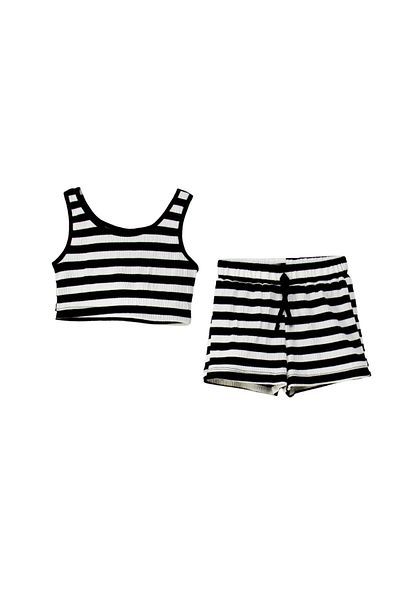 wakawakakidsstore Black and White Striped Crop Top and Shorts Set