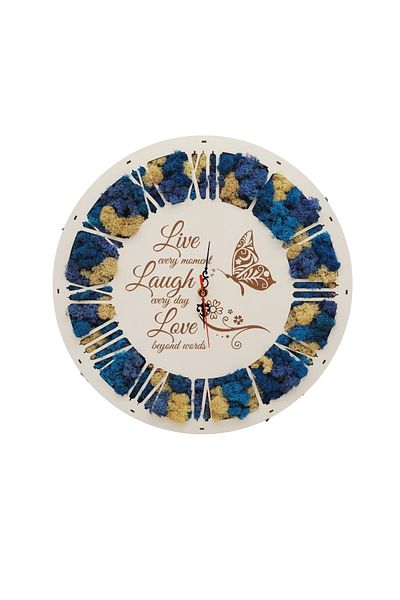 Rica Dreamart Clock with stabilized lichens engraved with the message "Live every moment", Wood, 40 cm