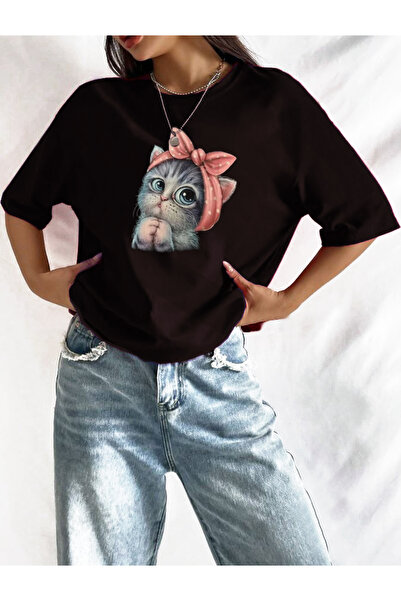 PERISENSE Дамска тениска с принт на сладка малка котка