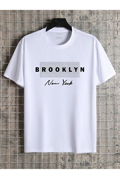 PERISENSE تي شيرت بروكلين بنمط منقط - أبيض مطبوع كبير الحجم برقبة دائرية وأكم...