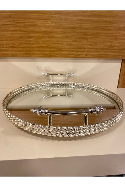 PLUS HOME Tray Decorative with Handle Cast Brass Silver Round Diameter 37 cm