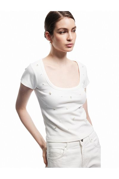 Koton Slim Fit Cotton U-Neck Short Sleeve Pearl Embroidered Rhinestone T-Shirt