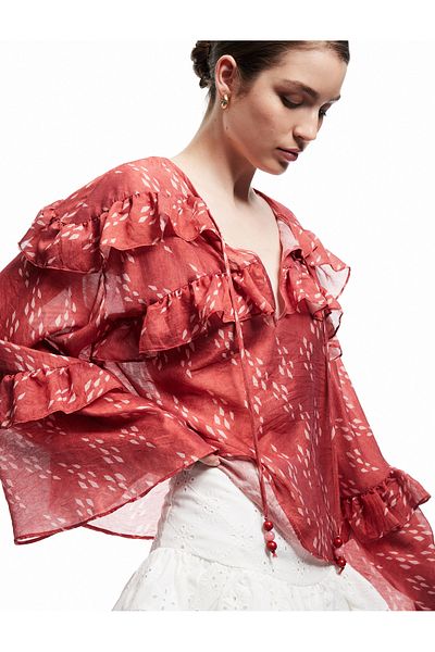Koton X Melis Ağazat - Long Sleeve Tie Collar Detailed Polka Dot Ruffle Blouse