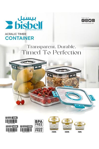 Bisbell Acrylic Timer Storage Container Set 3pcs,Airtight Storage Set,700ml,1400ml,2100ml