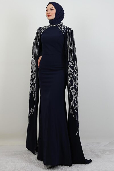 GİYZAMİLA فستان سهرة مع أكمام مرصعة باللون الأزرق الداكن