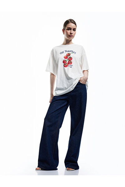 Koton Βαμβακερό κοντομάνικο μπλουζάκι με στάμπα ντομάτας με λαιμόκοψη