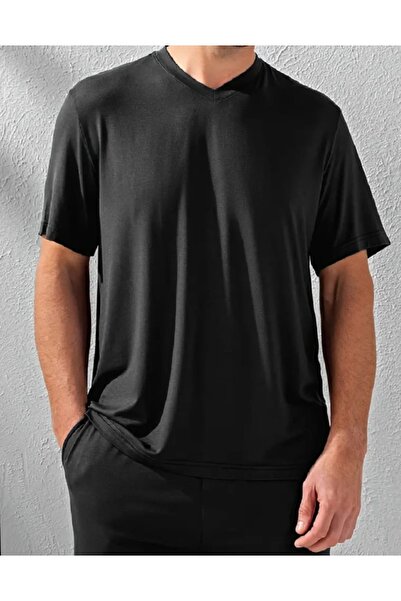 Boi Tricou oversize negru de bază cu decolteu în V pentru femei și bărbați Bo...