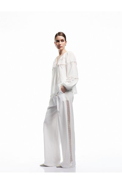 Koton X Melis Ağazat - Cotton Wide Leg Palazzo Trousers with Stripe Detail on the Sides and Pockets