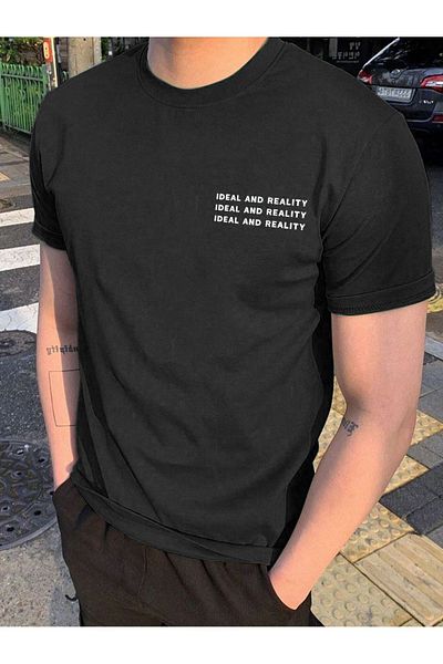 Boi T-Shirt Ideal And Reality - Μαύρο εμπριμέ κοντό μανίκι με λαιμόκοψη