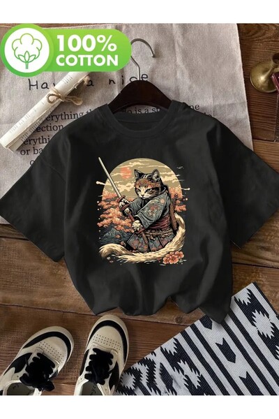 PERISENSE تي شيرت نسائي قطني مطبوع عليه قطة كاتانا