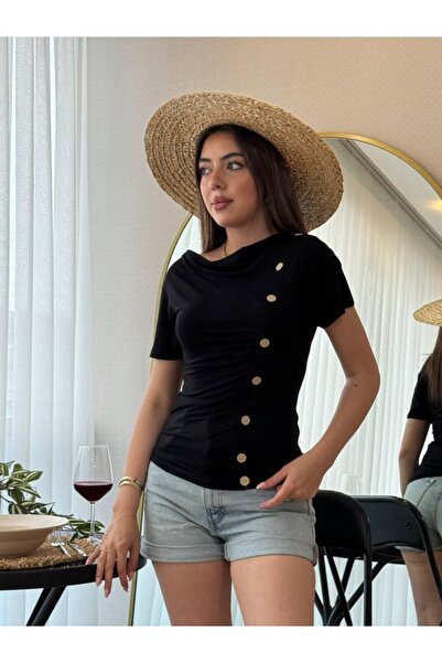 yonca aksesuar Women's Short Sleeve Degaje Collar Button Detail Viscose Blouse