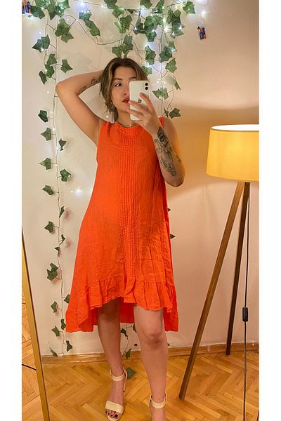 İTALYAN Women's Italian Front Short Back Long Skirt Ruffle Linen Dress