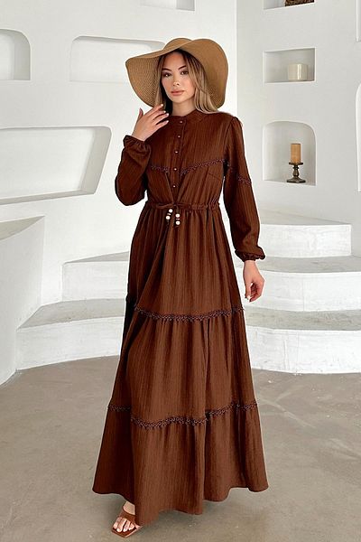 Olcay Fisto Detailed Waist Gathered Linen Look Dress Brown 9235-E