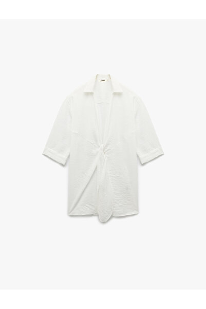 Koton Leinen-Look Kurzarm-Strandkleid mit Schnürung vorne