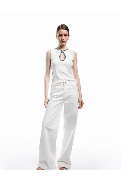 Koton Cotton Slim Fit Color Contrast Window Detail Crochet Detail Sleeveless T-Shirt