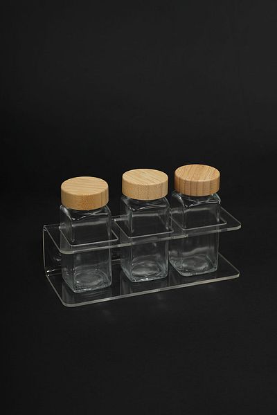Etka Dizayn Eron 105 Cc Triple Glass Spice Rack Set - Bamboo Lid, 3 mm Plexi Stand