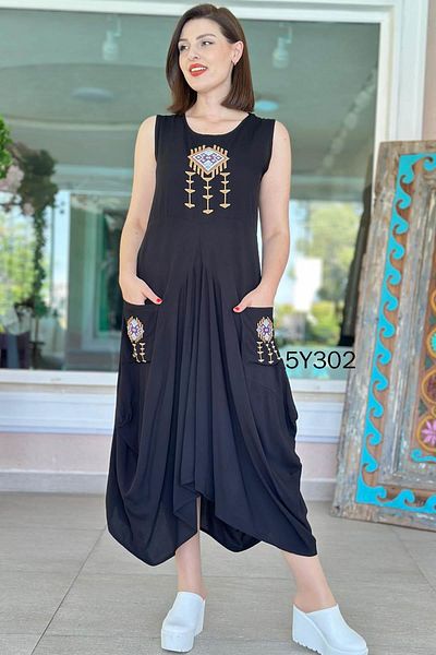 İnce Topuk Zero Sleeve Embroidered Viscose Fabric Bag Dress 5Y302