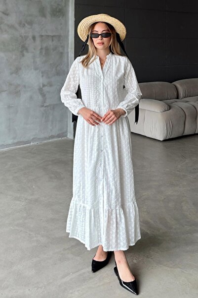 Olcay Button Midi Length Guipure Dress White 9351-E