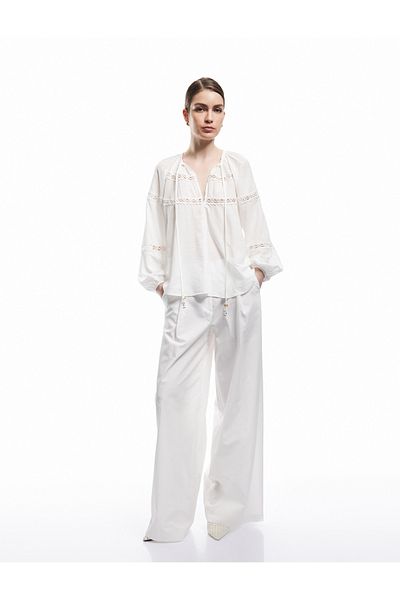 Koton X Melis Ağazat - Long Balloon Sleeve Scalloped Lace Round Tie Collar Blouse