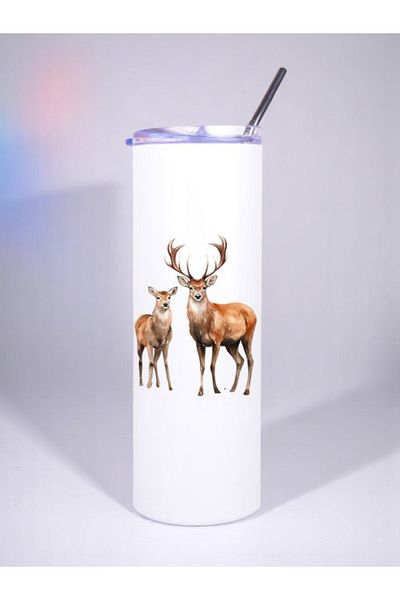 lili hediyelik Deer Printed Steel Thermos with Straw 600 ml
