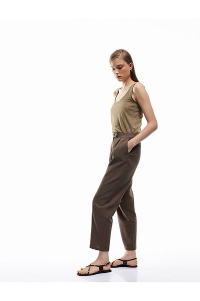 Koton Buttoned Linen Trousers with Pockets and Pleat Detail